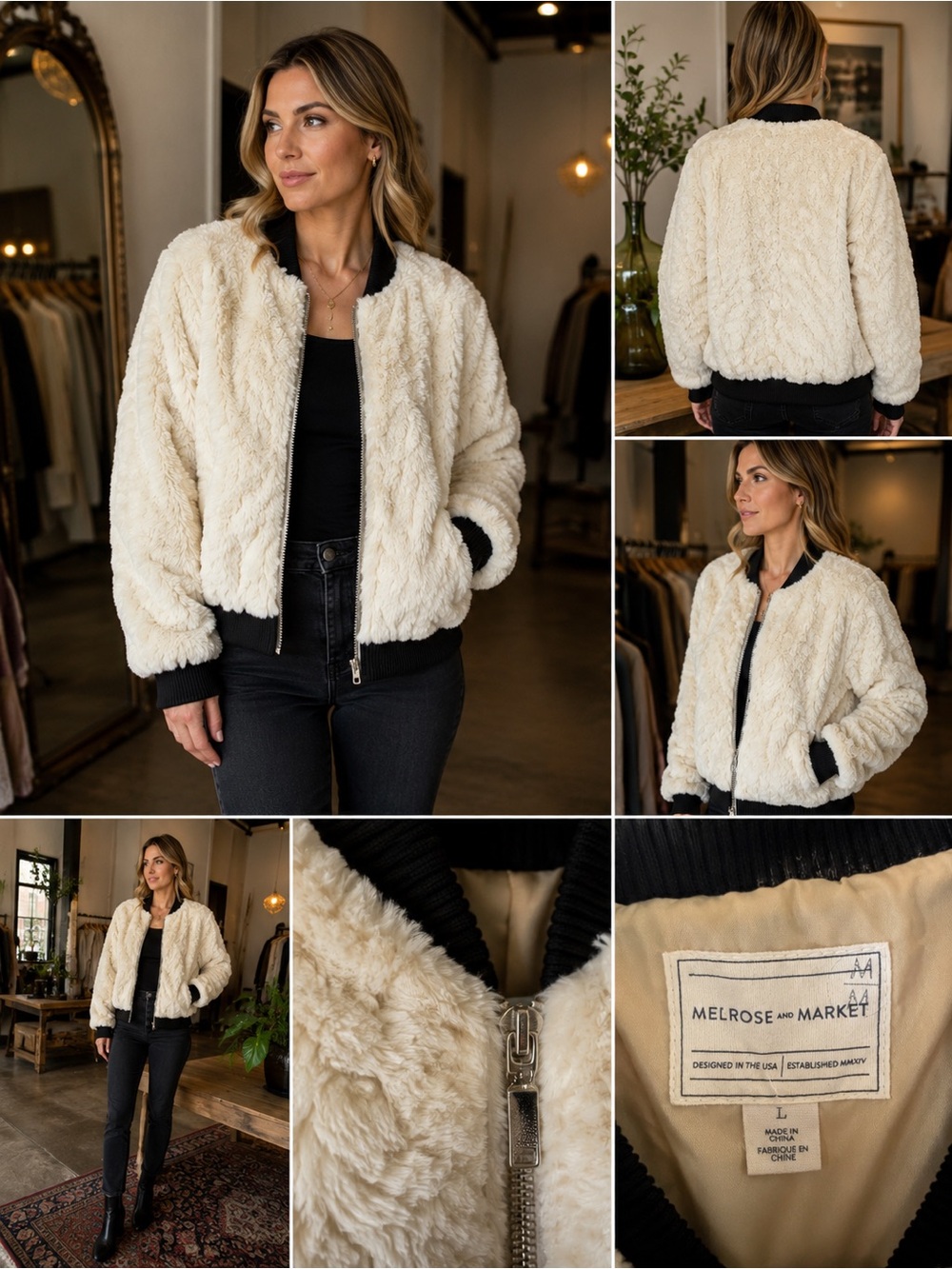 Nordstrom Melrose and Market Ivory Teddy Faux Fur Bomber Jacket with Black Trim